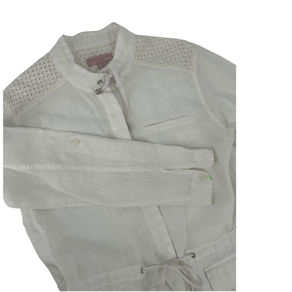 Saint Tropez West White 100% Linen Eyelet Lace Utility Jacket Womens Medium